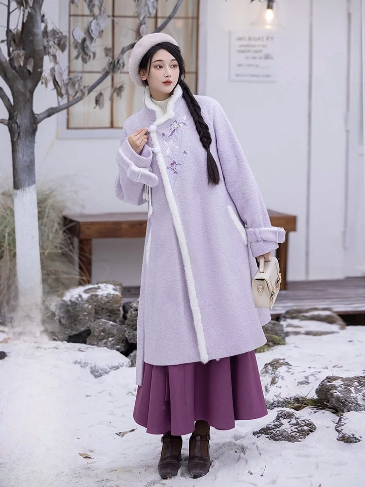 

Original Embroidered Iris Dr Purple Autumn Winter New Chinese Sle Woolen Coat Outerwear Skirt Daily Polyester Fiber
