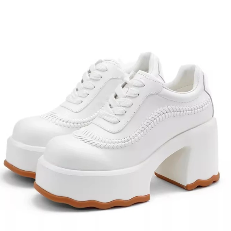 Genuine Leather Women's Loafers Casual Single Shoe Thick Heel Height Increasing Shoes Comfortable Breathable White Leather Shoes