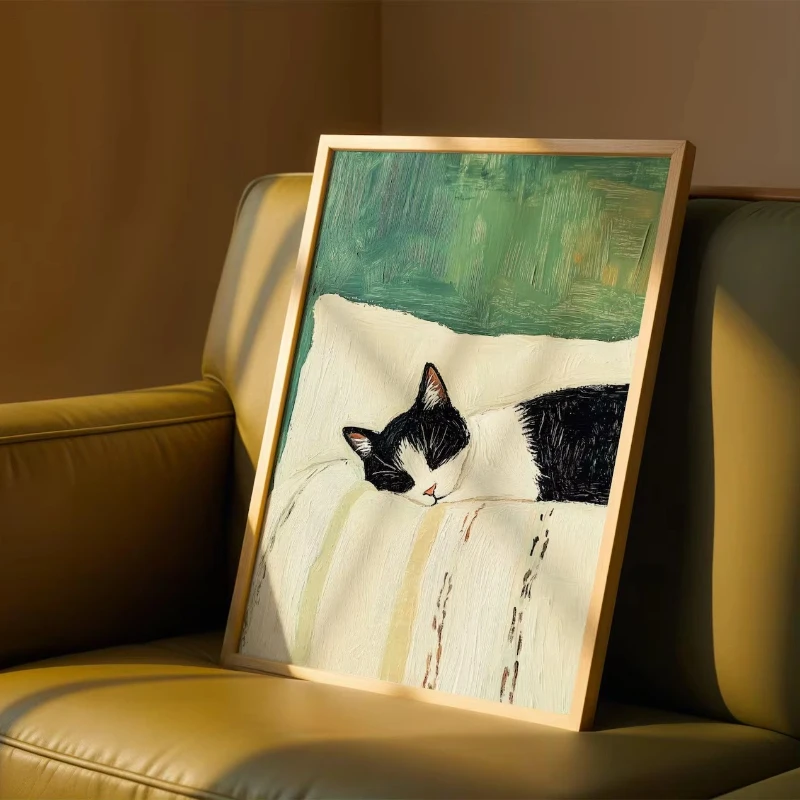 1pc frameless Canvas Painting Funny Sleeping Tuxedo Cat Wall Art Print: Black and White Cat Painting, Unframed Cat Poster Gift H