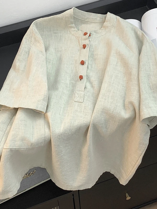 

Loose Fit Linen Cotton Blend ort Sve irt Women's Summer Vintage Zen Sle Tea Ceremony Top Stand Collar T-irt