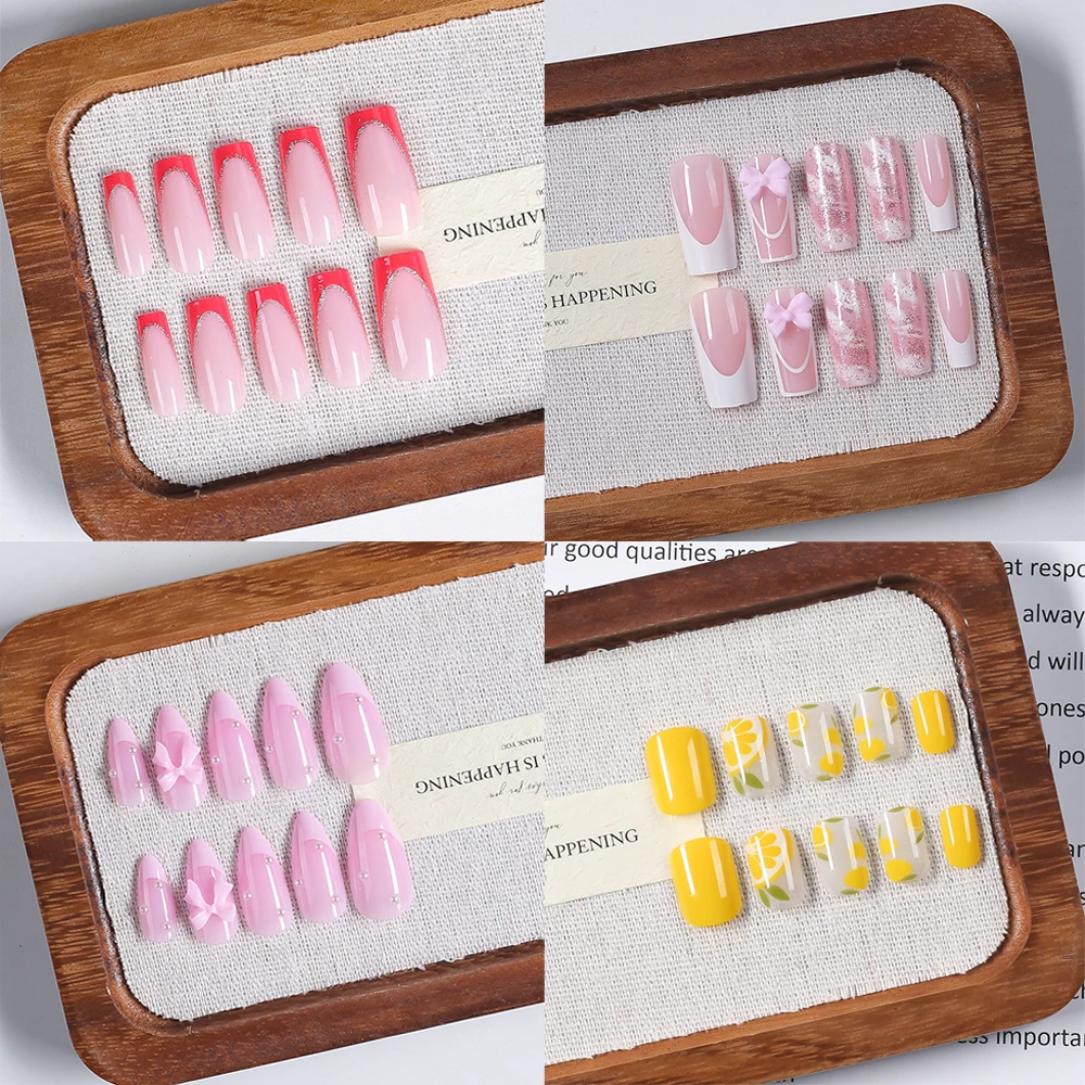 24pcs Yellow Lemon Short Square Press On Nails For Women Nude Pink Glitter Bow Cute Fake Nails Wearable Artificial False Nails T