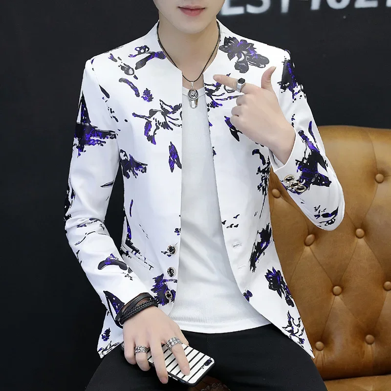 HOO 2024 Men\'s Spring New Fashion Printed Stand Collar Suit Slim Youth Leisure blazer