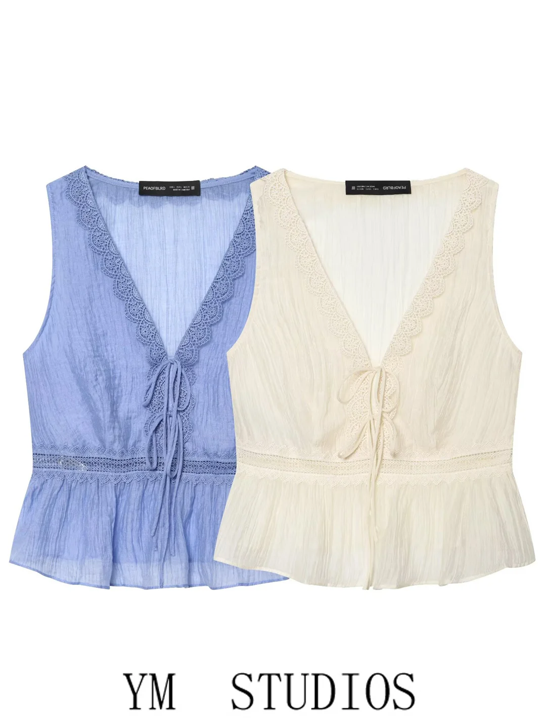 Women's Sweet Waist Cinched V-neck Lace Tie Vest Sleeveless Top Outerwear Short Length Fashion Element Lace Fit Style