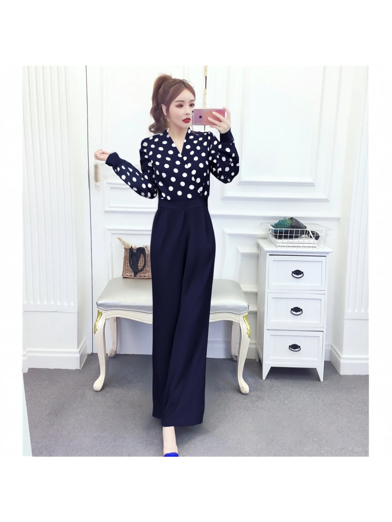 

Комбинезон с высокой талией и широкими штанинами, утягивающий талию, осенние новые длинные брюки из полиэфирного волокна Sle Godd Sle