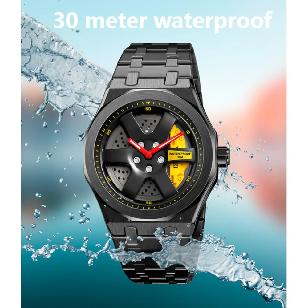 Wheel hub men\'s watches fashionable design stainless steel waterproof creative cool motorcycle style quartz watch for men