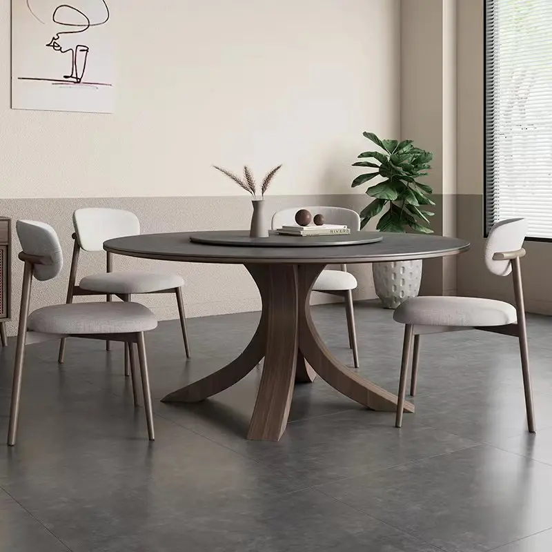 Matte rock slab round dining table with turntable 6 people dining table household modern simple high-end ash wood solid wood rou