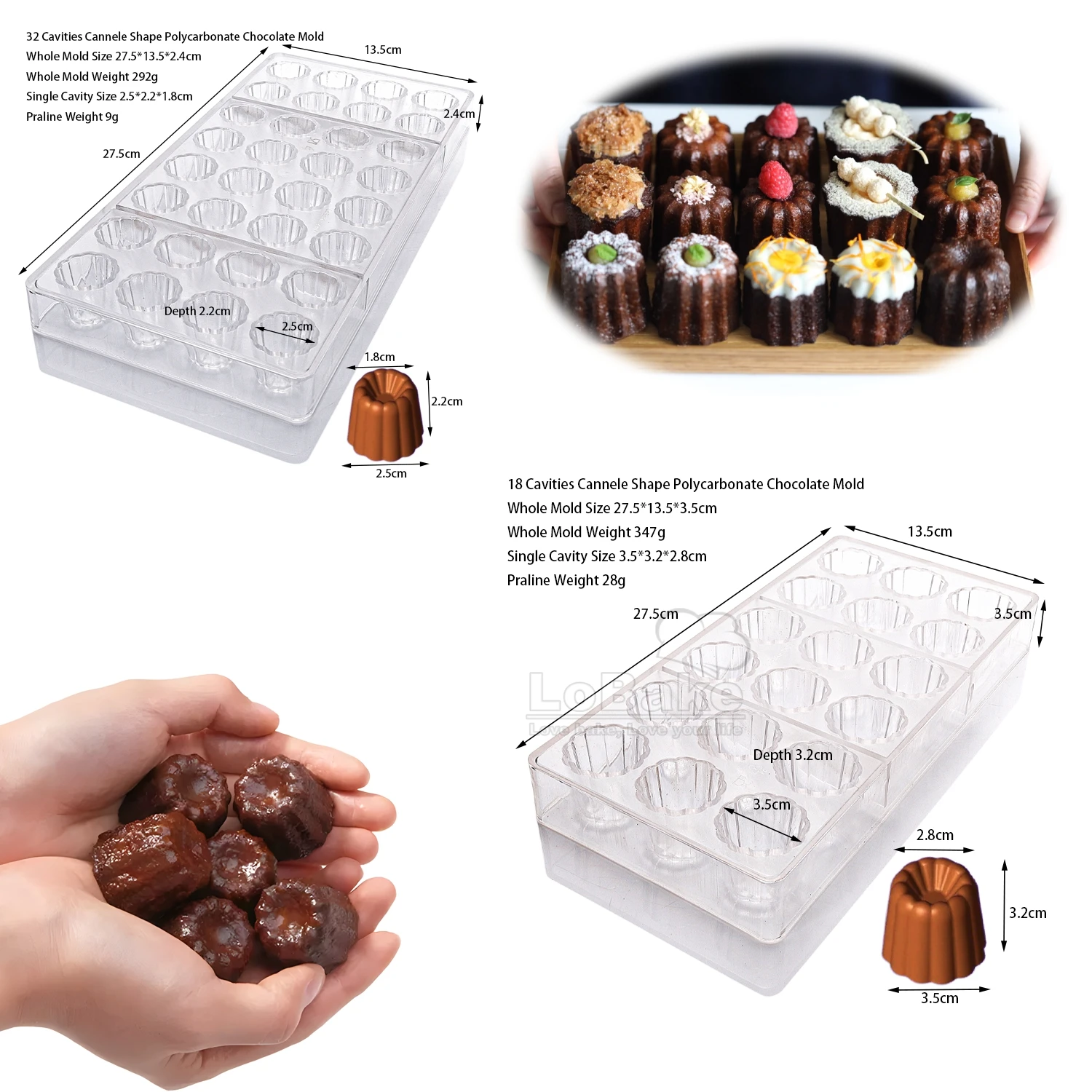 18 32 Cavities Flower Cannele Shape Polycarbonate Chocolate Mold Fluted Round Candy Sugarcraft Making Ice Cube Maker DIY Baking