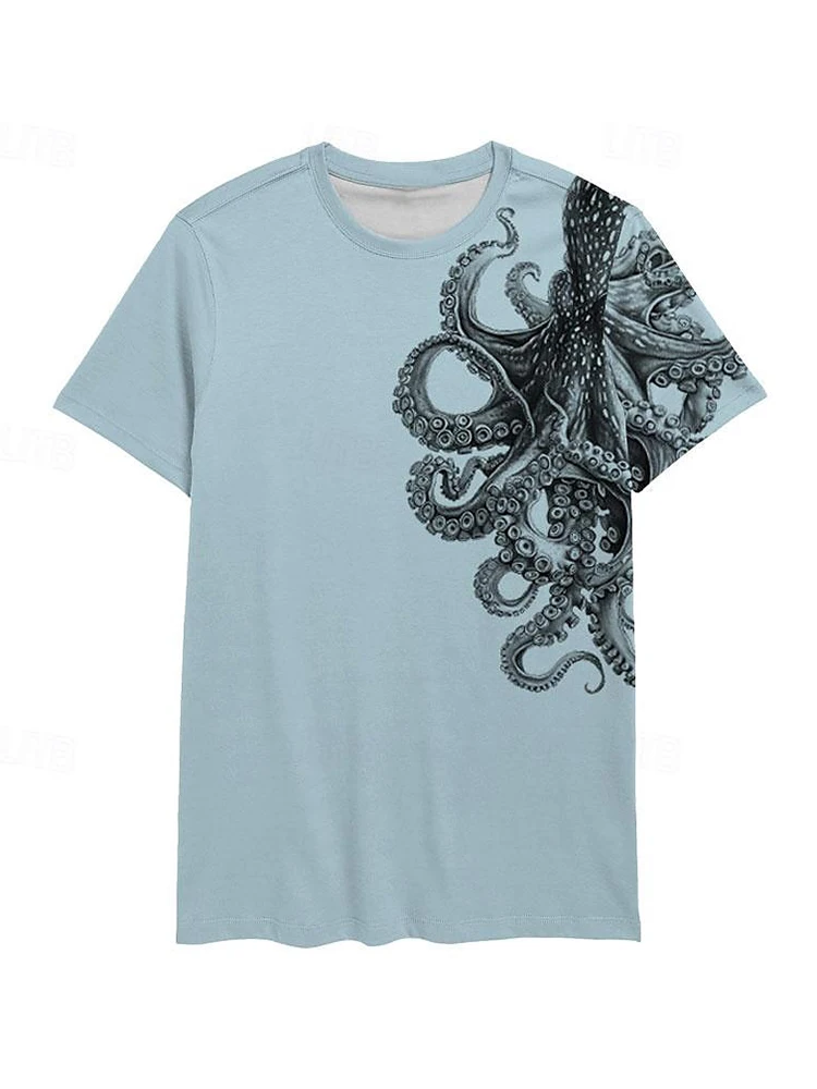 Summer Travel Men\'s T-Shirt Outdoor Sports Loose Comfortable Short Sleeves Octopus Print Shirt Home Casual Round Neck T-Shirt