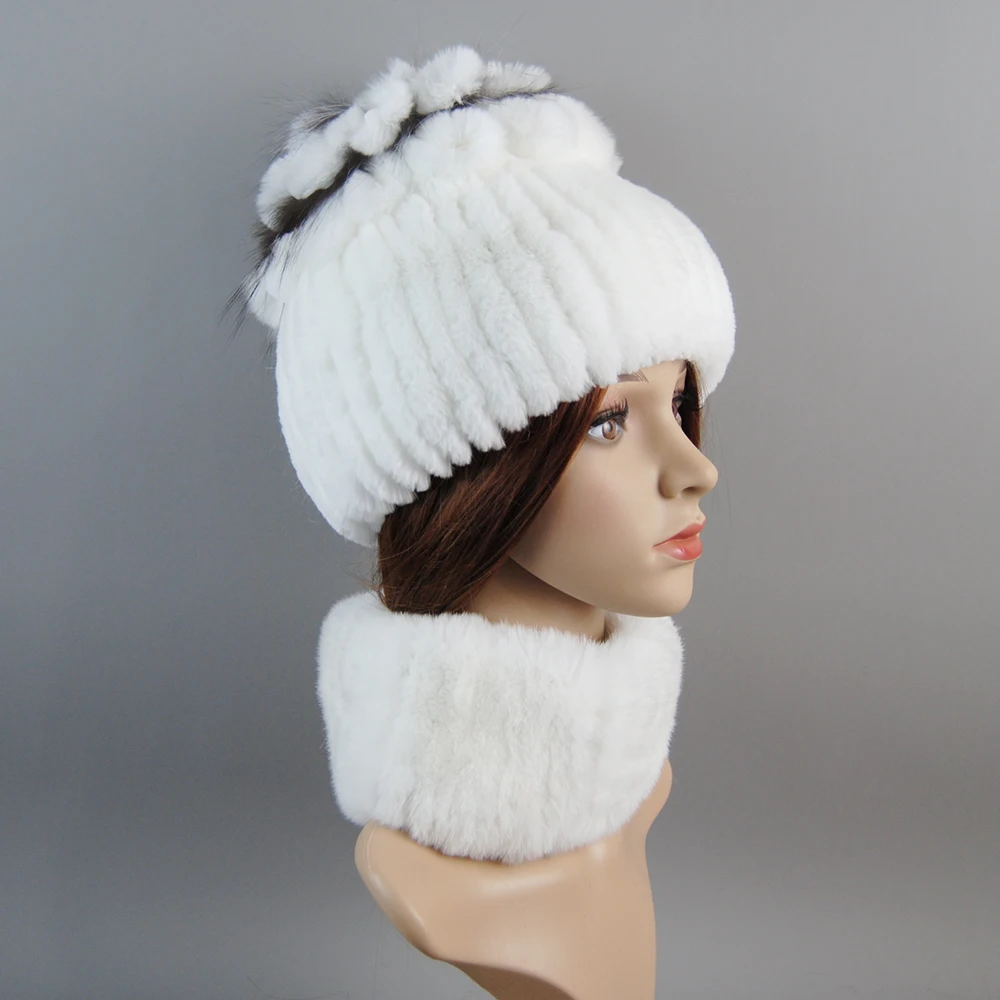 Good Elastic Winter Women Warm Natural Rex Rabbit Fur Muffler Cap Real Fur Scarves Hats Ladies Real Rex Rabbit Fur Scarf Hat Set