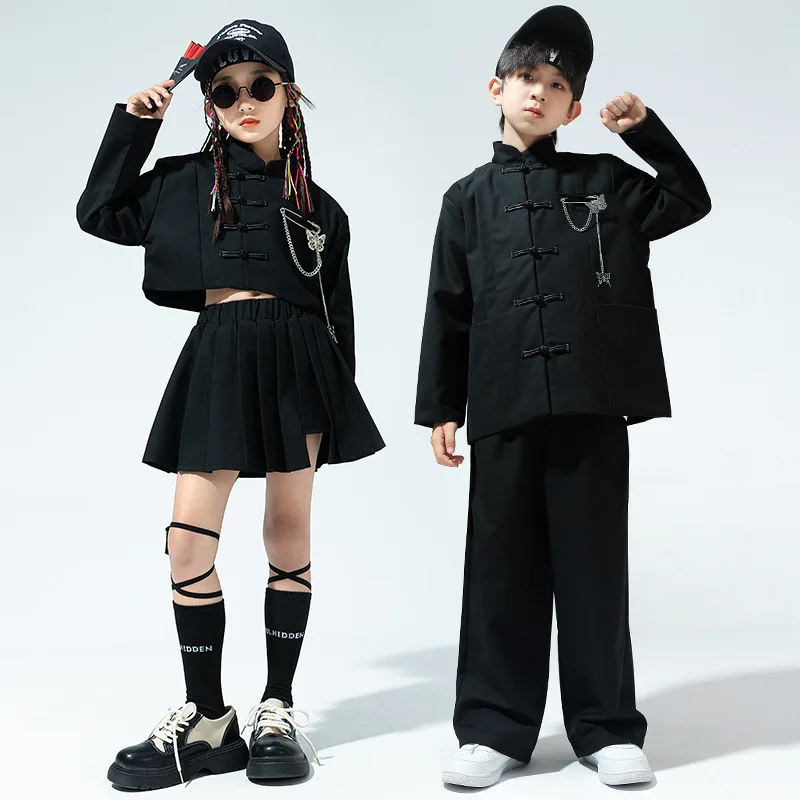 Chinese Style Kids Jazz Dance Performance Stage Costumes Boys Black Shirt Loose Pant 2pcs Girls Streetwear Crop Tops Skirt Set