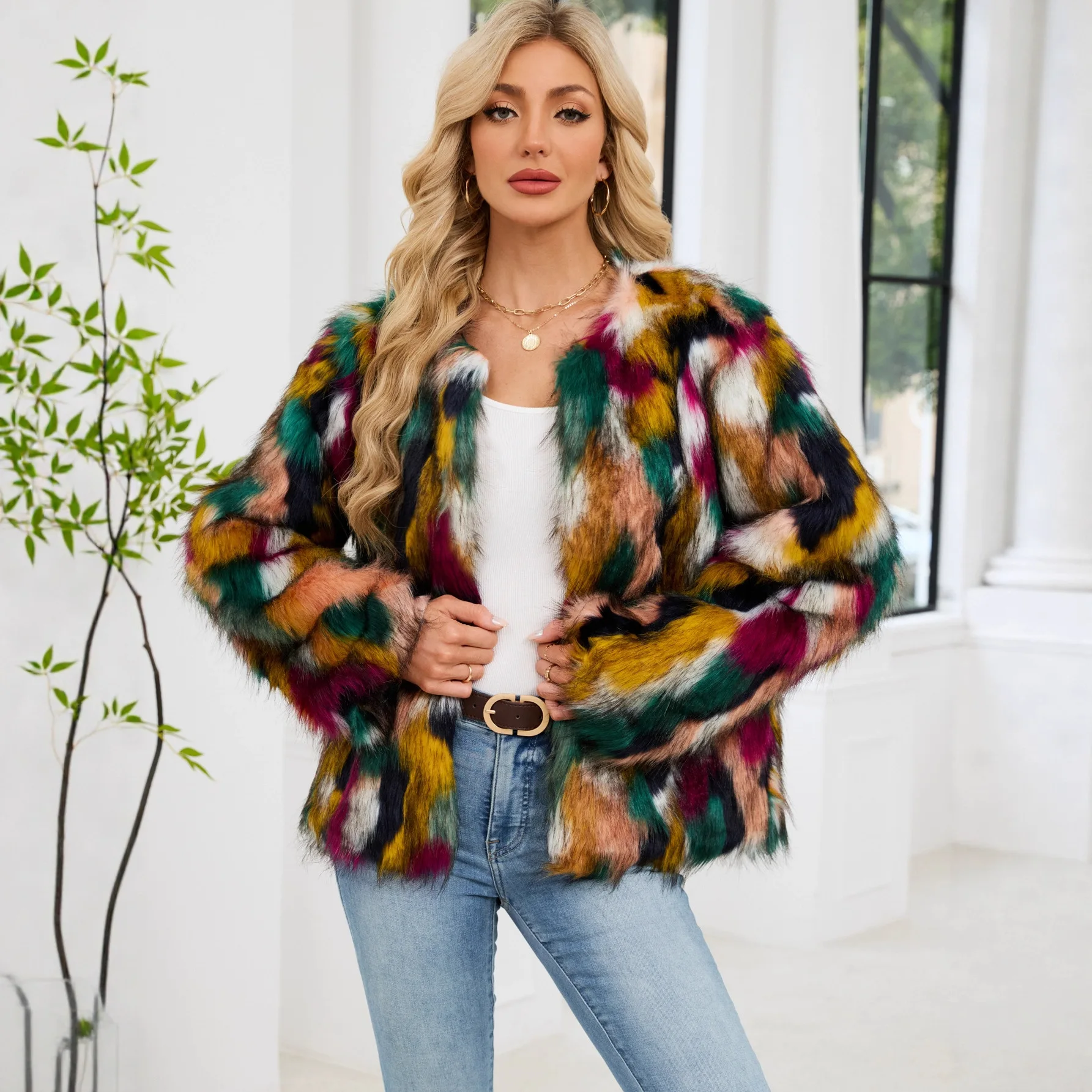 معاطف نسائية من الفرو الصناعي سترات برقبة دائرية وأكمام طويلة معطف مطبوع سميك دافئ Y2k ملابس الشارع الشهير ملابس خارجية للعمل للخريف والشتاء