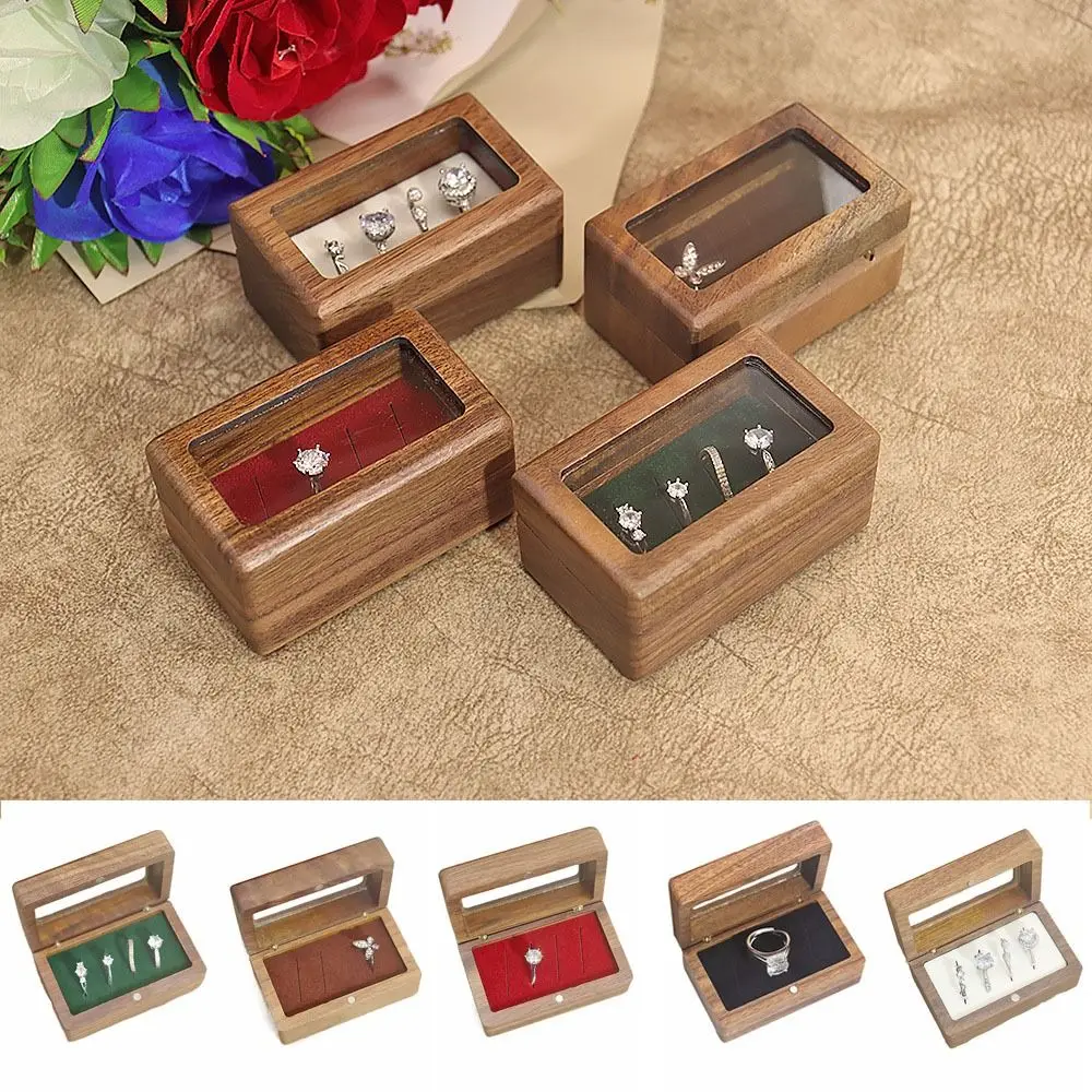 

4 Slots Square Rings Holder Opening Window Rectangular Jewelry Ring Holder Exquisite Wooden Ring Box Black Walnut Cufflinks Box