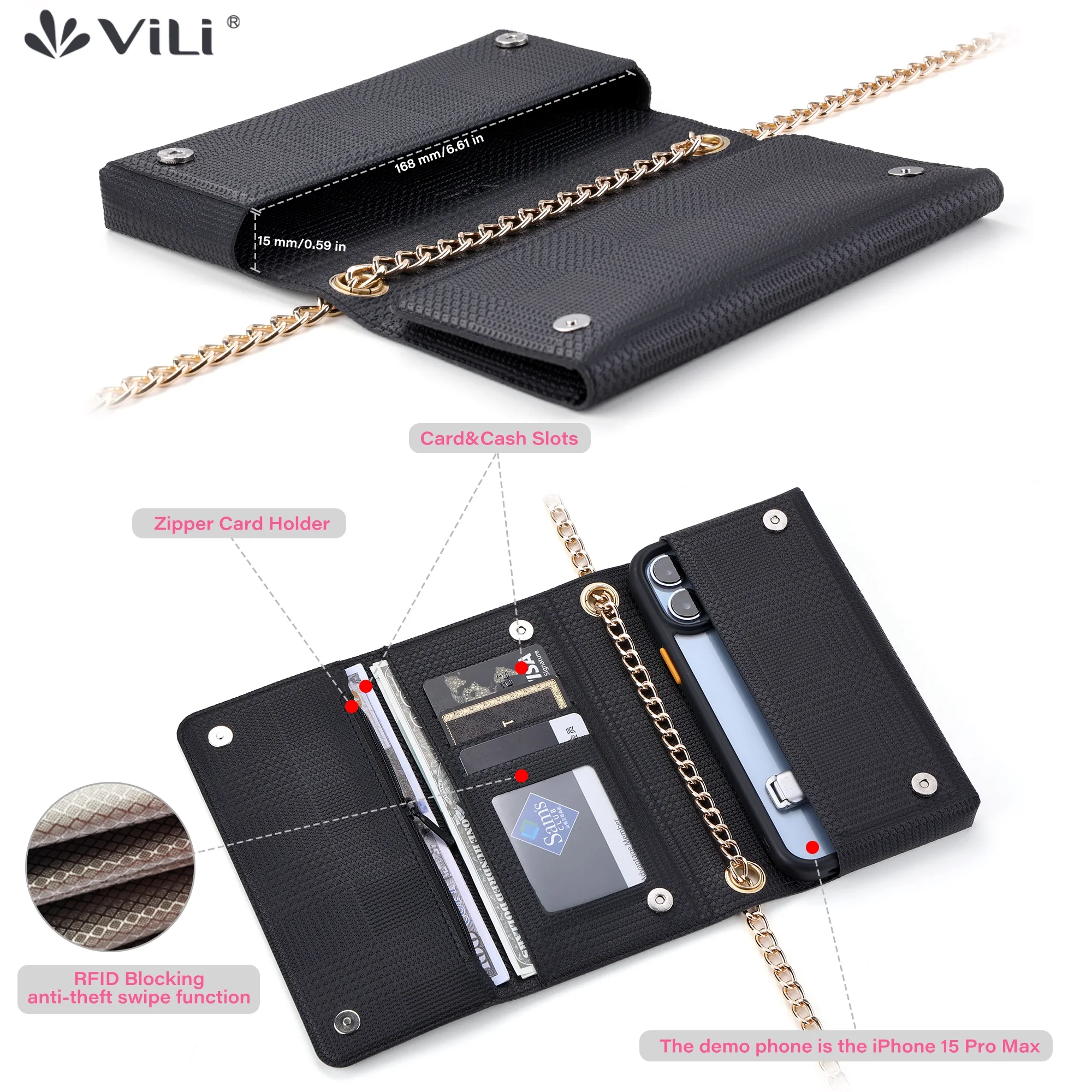 ViLi Mobile phone bag Cards Zipper Wallet (RFID Blocking) case Sling bag Crossbody bag cardholder for iPhone16 pro max