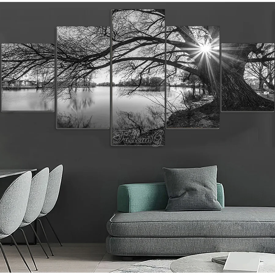 

Diamond Mosaic Black and White Trees Diamonds Painting 5 Piece Set Lake Scenery Picture Diy Cross Stitch Kits Home Decor AA4165