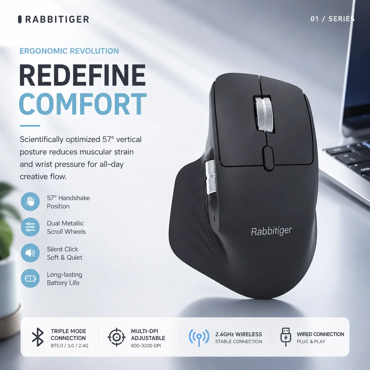 Rabbitiger 3‑Mode Wireless Ergonomic Mouse Bluetooth 5.0/3.0 2.4G Wired Multi‑DPI 800‑3200 Side Scroll Wheel Rechargeable Comput