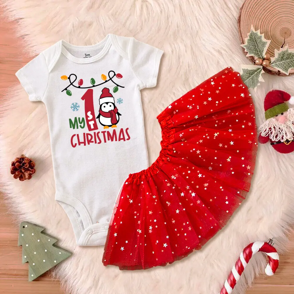 

My First Christmas Print Baby Tutu Dress Short Sleeve Infant Romper+red Star/dot Skirts Christmas Day Gifts To Newborn Girls