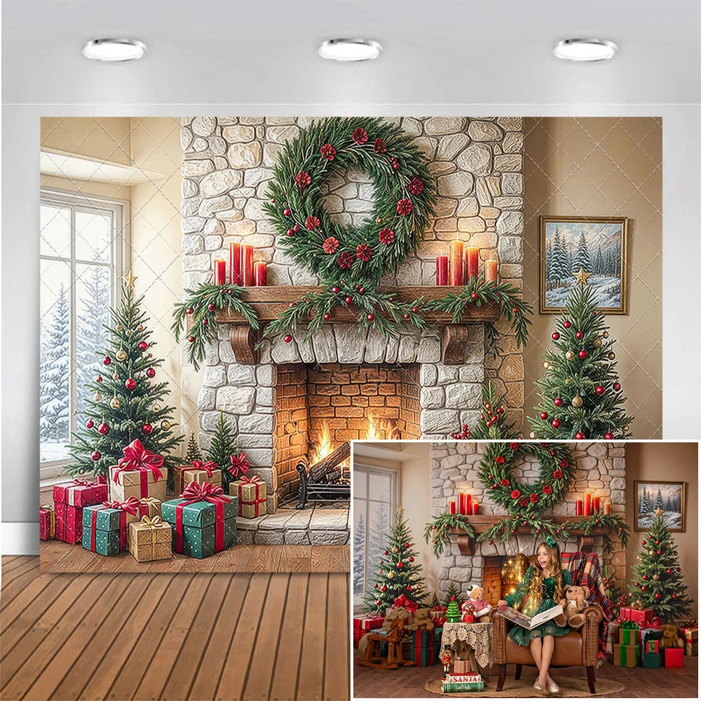 

Christmas Vintage Stone Fireplace Photography Backdrop Xmas Tree Wreath Gifts Background Adult Kids Photocall Photo Studio Props
