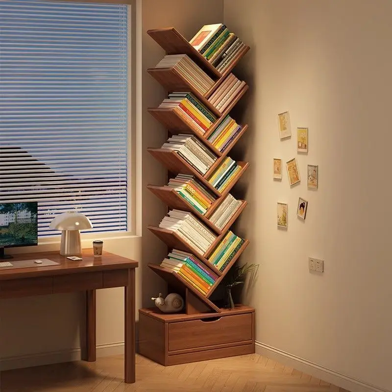 Floor standing bookshelf, movable multi-layer simple storage rack, integrated wall mounted creative tree shaped bookshelf