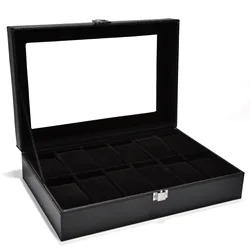 DELESYS New Style 6/10/12 Slots Black PU leather Inside Black Pillow Watch Storage Box Spot Wholesale Watch Display Box