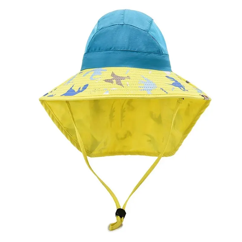 Children\'s New Outdoor Sunshade Sunscreen Bucket Hat, Boys & Girls Print Breathable Face Hat, Dinosaur Beach Hat