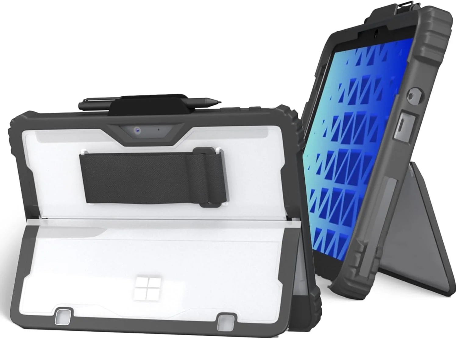 Rugged For Funda Microsoft Surface Pro 9 10 11 Case Pencil Holder Clear Back Protective Cover with Removable Hand Strap (BLACK)