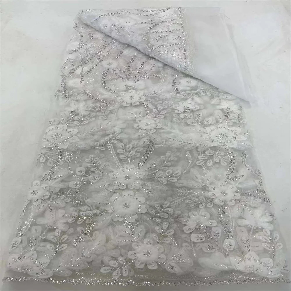 Tissu de dentelle de tulle de maille de fleur 3D française avec des perles, appliques de paillettes africaines, tissu de NigWin pour des patients, fête de mariage, 2024, 5Yards