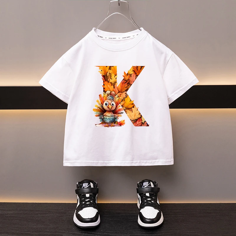 Maple Leaves Letter K Children T-shirt Kawaii Clothes for Girls T Shirt Anime Cartoons Casual Kid Boy Short Sleeve Tops New 2024