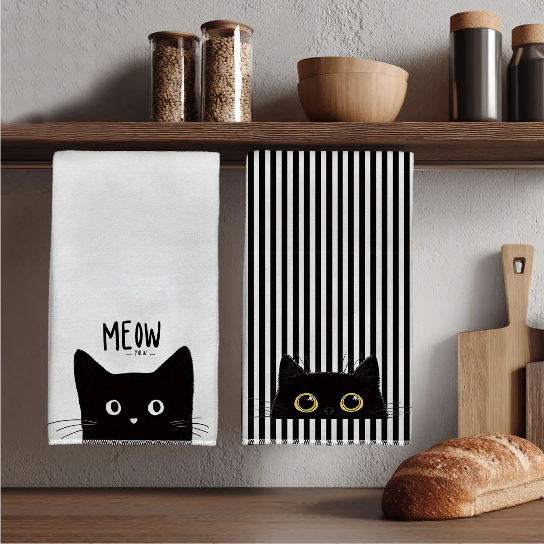 2PCS kitchen towels with cute black cat printed ultra-fine fiber stripes, absorbent kitchen towels, hand towels, home decor