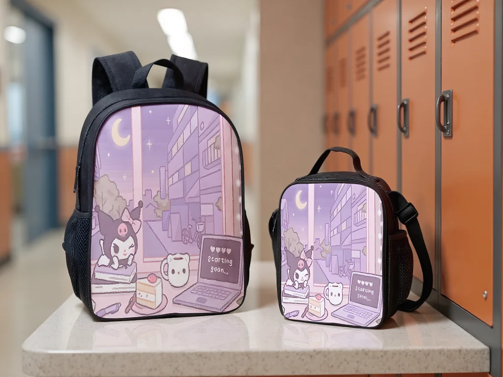 

Fashion Kuromi Boys Girls Daypack 2 in 1 Set-Front Pocket Backpack and Reusable Lunch Tote for Little Children