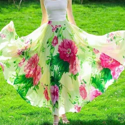 Summer Women's Big Hem Flower Maxi Skirt Female High Waist Chiffon Dance Beach A-Line Skirts
