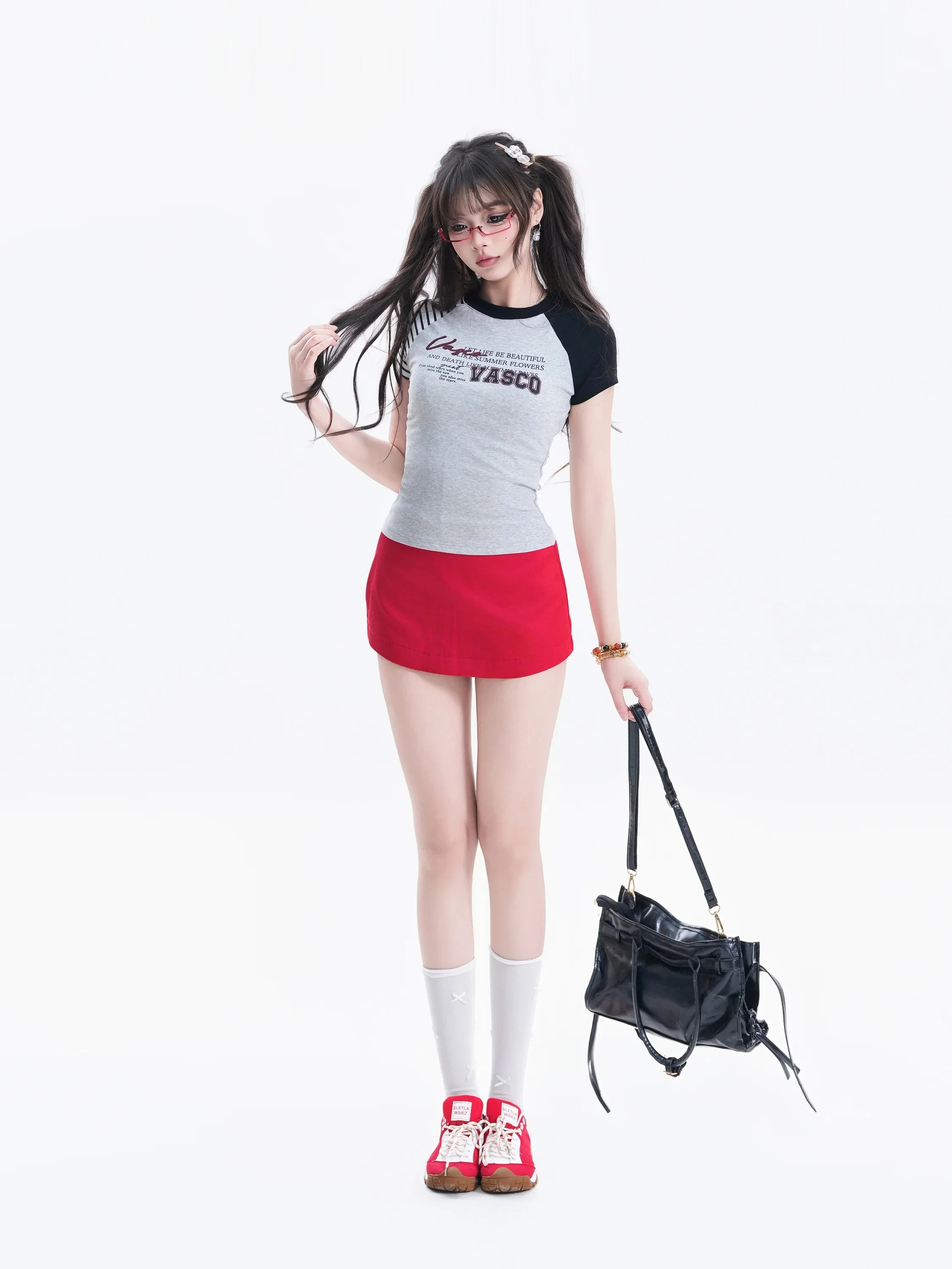 Retro American Style Women's T-shirt Short Sleeve Slim Fit Striped Splicing Letter Print Color Block Sporty Summer Top