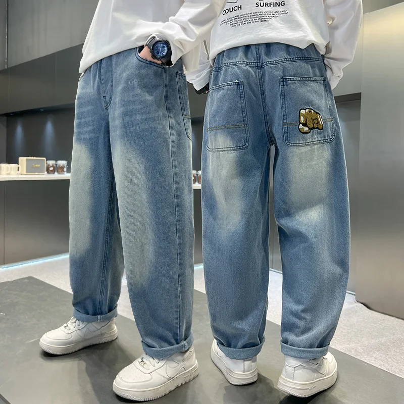 New Spring Boys Jeans With Pockets Fist Embroidery Children Casual Straight Fit Blue Trousers Kids Teenagers Fashion Denim Pants