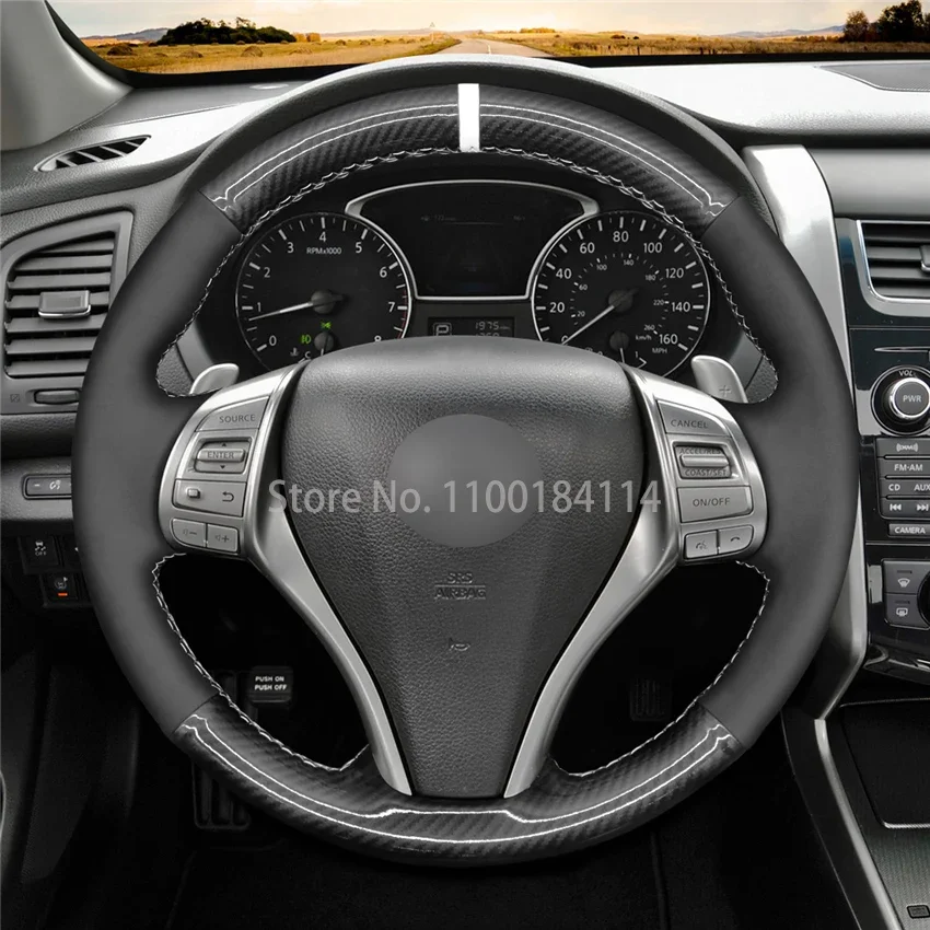 Hand-Sewn Non-slip PU Carbon Fiber Leather Car Steering Wheel Cover for Nissan Qashqai X-Trail Teana Altima Sentra 2014-2017