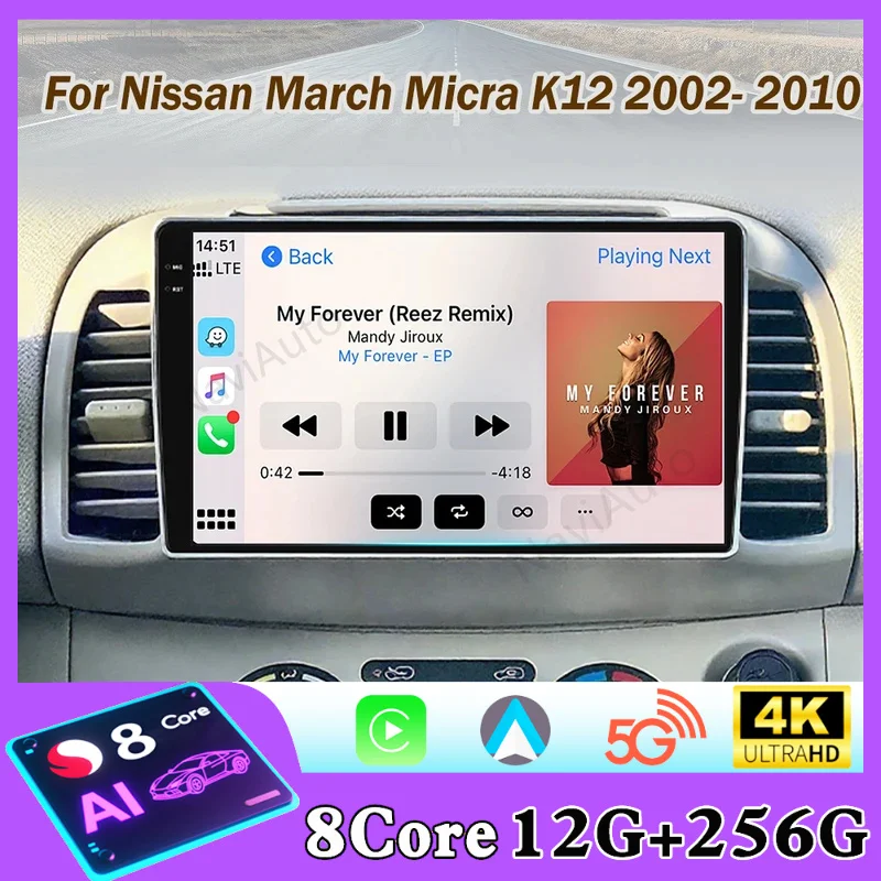 Radio para Auto con Android Auto para Nissan March Micra K12 2002-2010, Reproductor con Pantalla Inteligente Inalámbrica CarPlay, Navegación GPS 5G