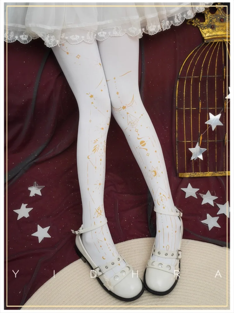 Kawaii Design Lolita Y2k Pantyhose 120D Velvet Constellation Print Tights Long Stocking Women's Kawaii Slim Fit Socks Leggings