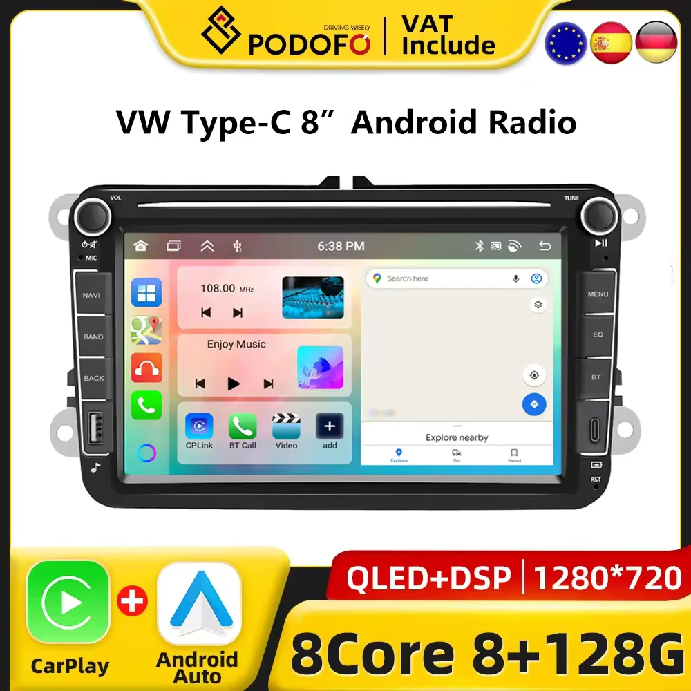 Podofo 8 "CarPlay Android Radio pour Volkswagen VW Golf Passat JETTA Skoda siège voiture système Intelligent 2din GPS stéréo type-c USB