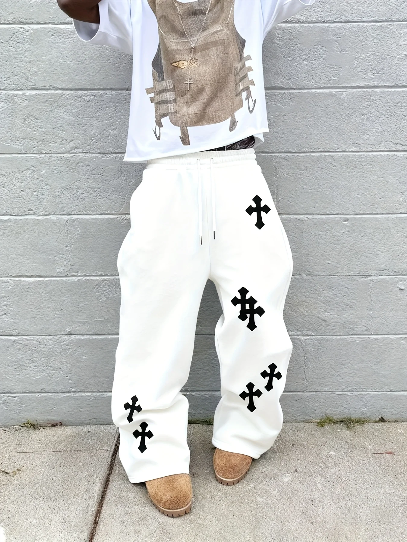 26 Trendy Men's Kids Wide Leg Pants Large Cross Print Street Hip-Hop Pants Loose Casual Jogging Pants Gothic Fashion