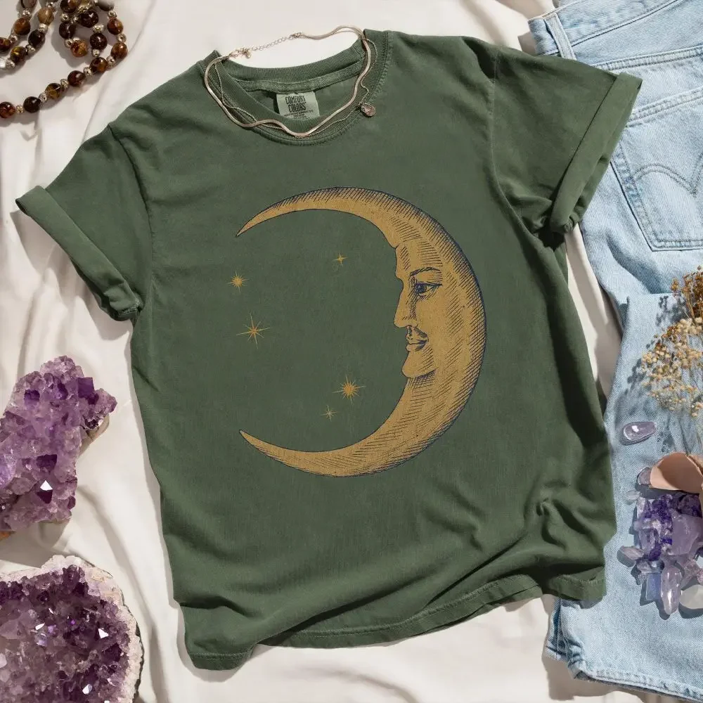Women Retro Loose Short Sleeve Top Boho Moon Print Shirt Comfort 100% Cotton Crewneck T-shirt Casual Daily Fashion Streetwear