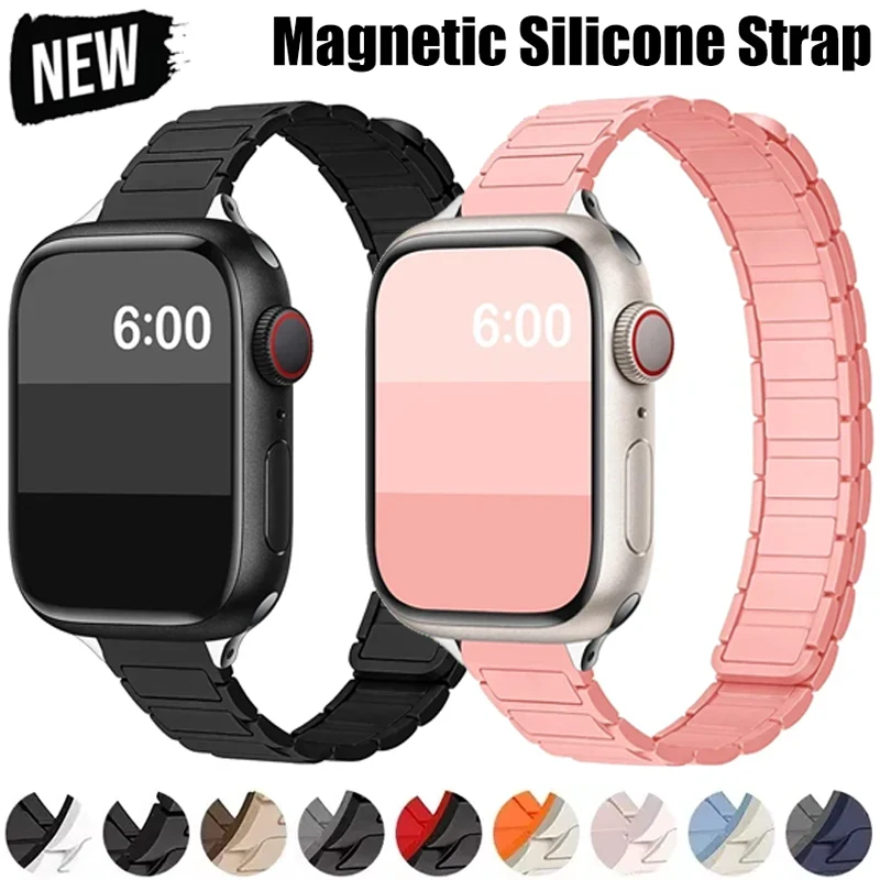 Slim Magnetic Strap For Apple Watch Bands 45mm 38mm 49mm 40mm 42mm 41mm Silicone Sport Bracelet iWatch Series ultra 10 9 8 se 7