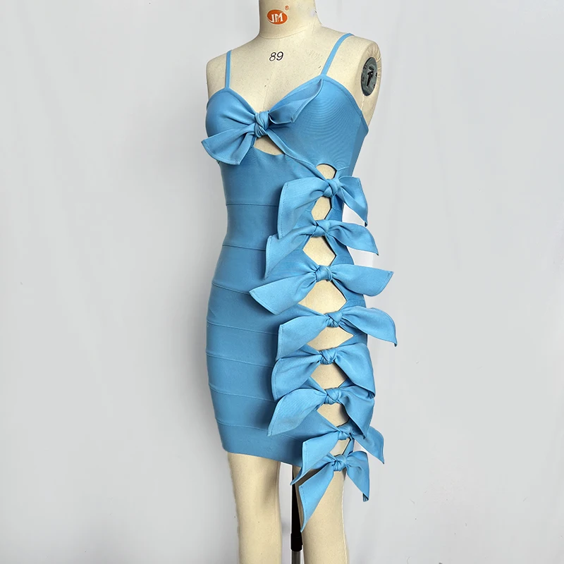 Robe à Bandes Bleu Ciel pour Femme, Vente en Gros d'Usine, Bretelles Sqaghetti, Rosette Creuse, Sexy, Célébrité, Cocktail