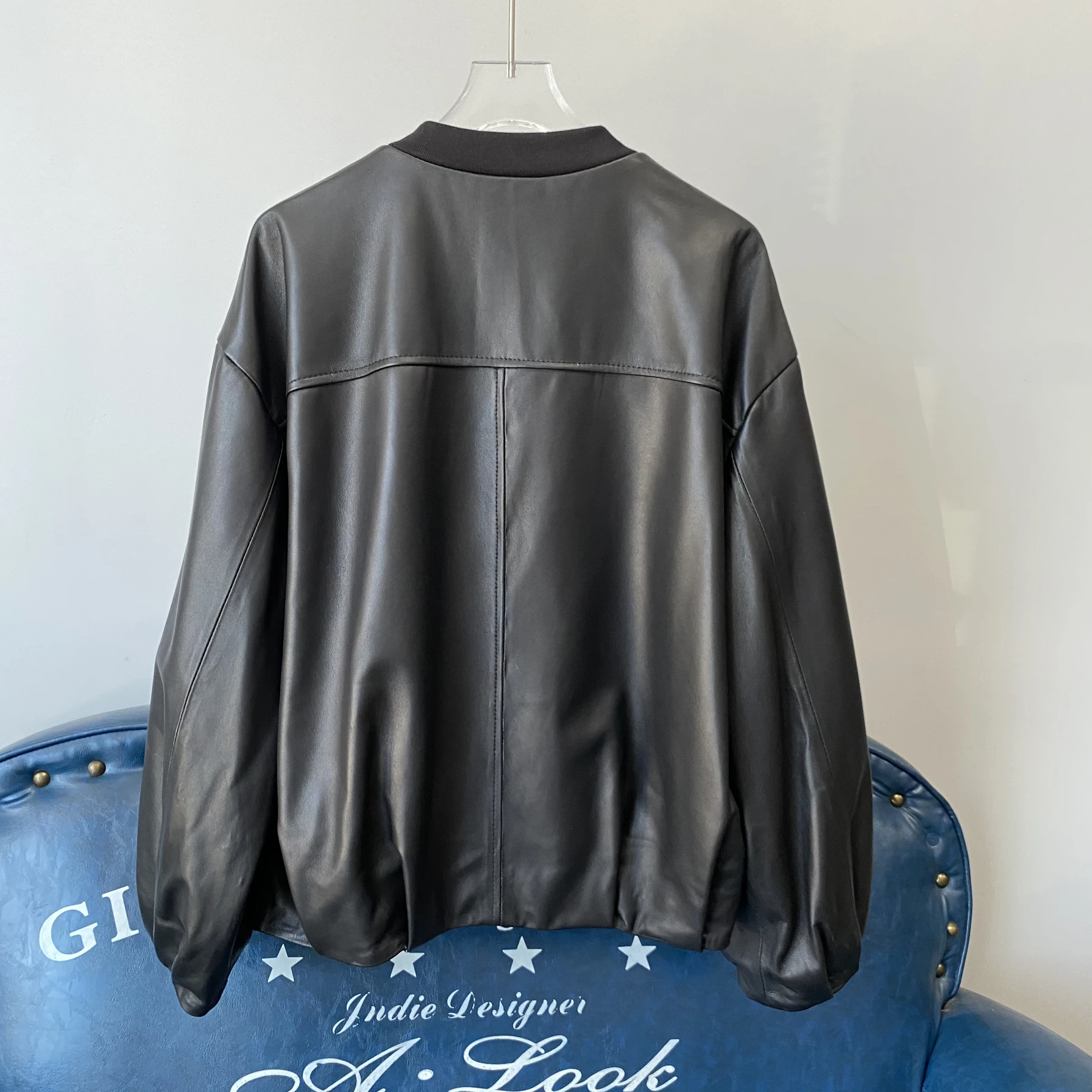 Vintage abotonado ort cuero genuino Jaet mujer Faionable Casual suelto cuello alto eepskin abrigo largo Sve