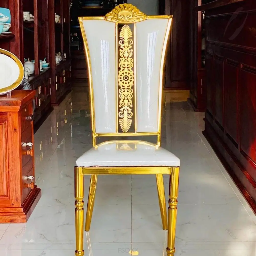 New Design Chromed Steel Metal Iron Golden With White PU Leather Color Banquet Stackable Wedding Event Party Chairs