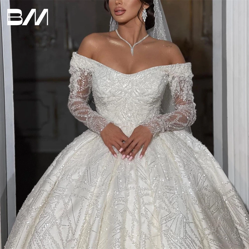 

Embroidery Off-Shoulder Long Sleeves Wedding Dresses For Women Sequins And Beads Bride Dress Custom Made Plus Size Bridal Gown