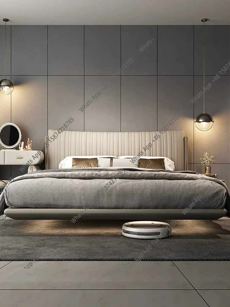 LU High-end atmosphere Italian light luxury leather master bedroom suspended smart bed soft bag with sensor light
