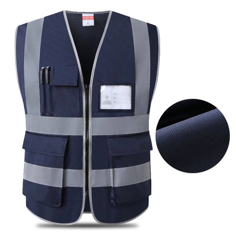 Gilet réfléchissant de sécurité bleu marine, vêtements de sécurité pour la construction, gilet de travail noir à poches multiples