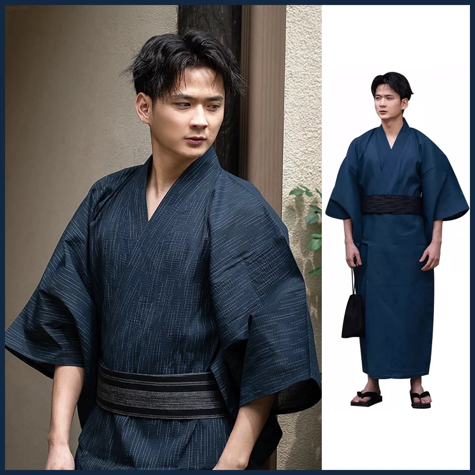 Japanese Traditional Samurai Kimono For Men Yukata Bathing Robe Hekoobi Loose Style Sauna Wear Homewear Belt Long Gown Cotton