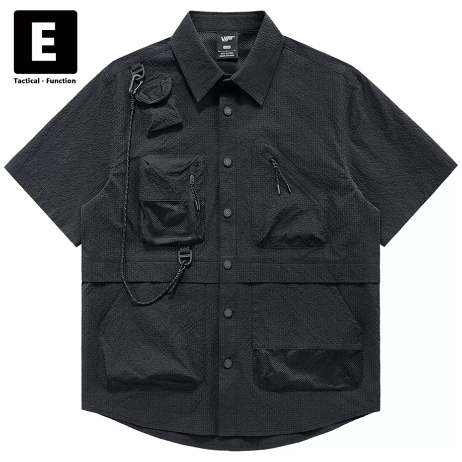 Black Cargo Shirt Men Summer Short Sleeve Shirts Multiple Pockets Techwear Tactical Button Tops Hip Hop Streetwear Male