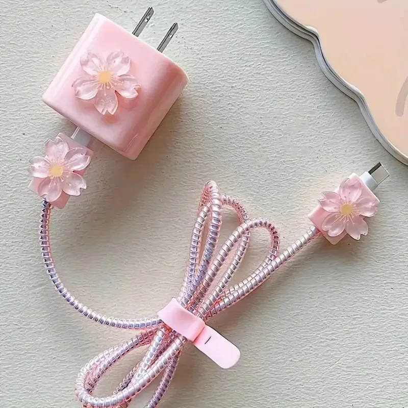 Pink Cherry Blossom Charger Protector Set for Apple 18W/20W Power Adapter, with Cable Connector Covers, Spiral Cable Wrap