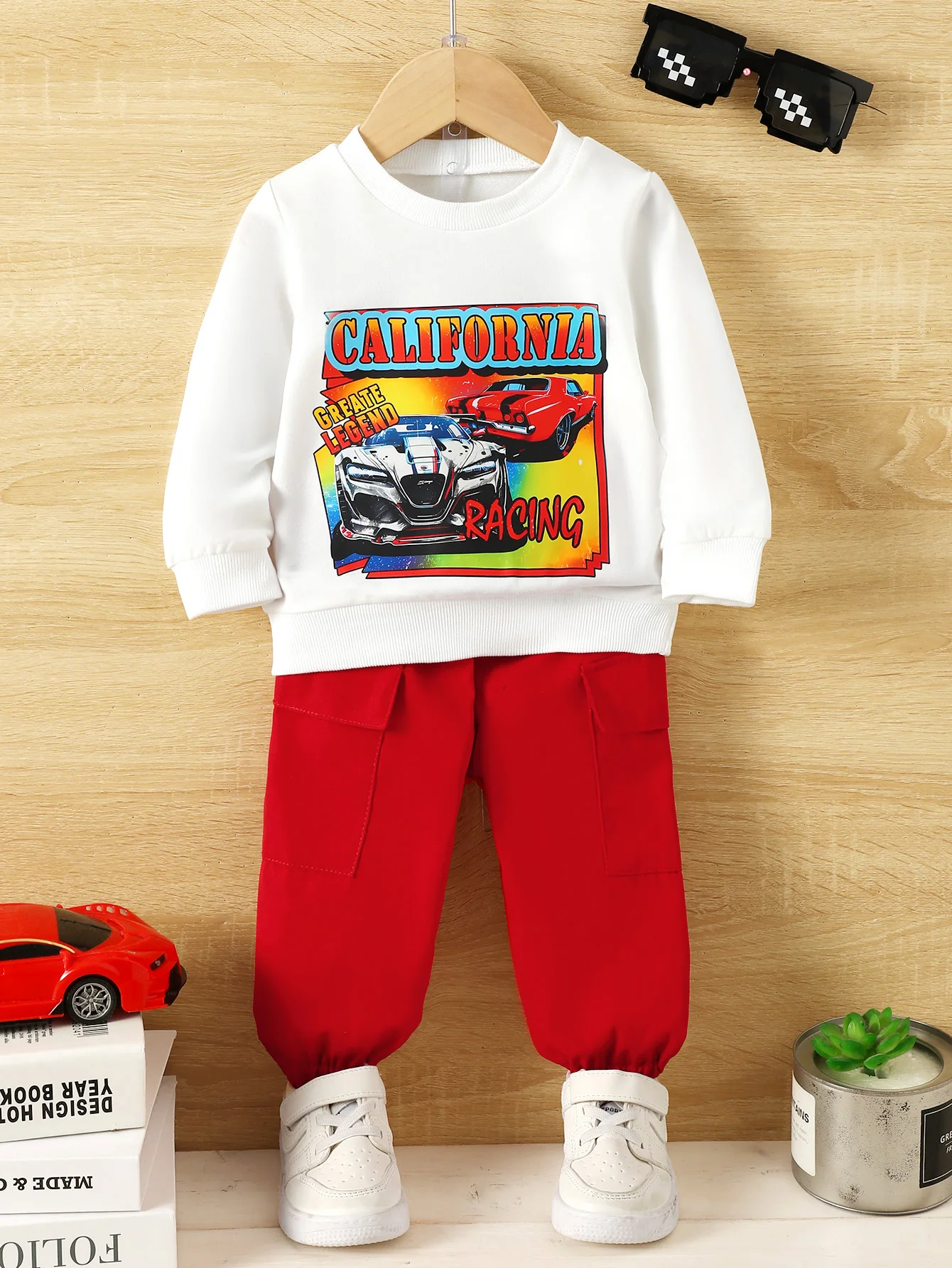 Spring And Autumn Long Sleeve Male Children Fashion Leisure Suit Handsome Car Printed Round Neck Shirt Red Pocket Leg Trousers