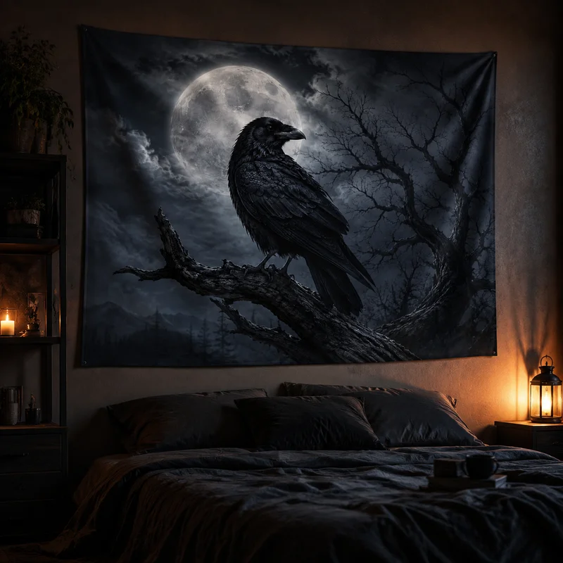 VIKAMA Purple Night Sky Castle Mysterious Raven Tapestry, Gothic Living Room and Dorm Decor, Witch-Themed Wall Hanging
